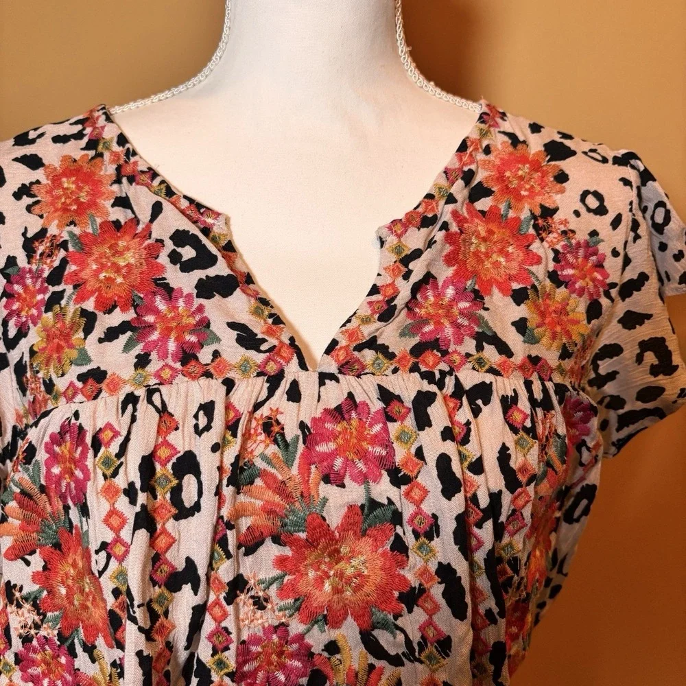 Savanna Jane Top Womens 2X Boho Embroidered Floral Leopard Print Blouse - Picture 3 of 5